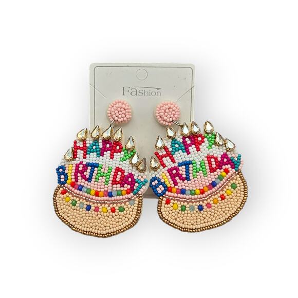Colorful Beaded “Happy Birthday” Statement Earrings - Picture 4 of 5